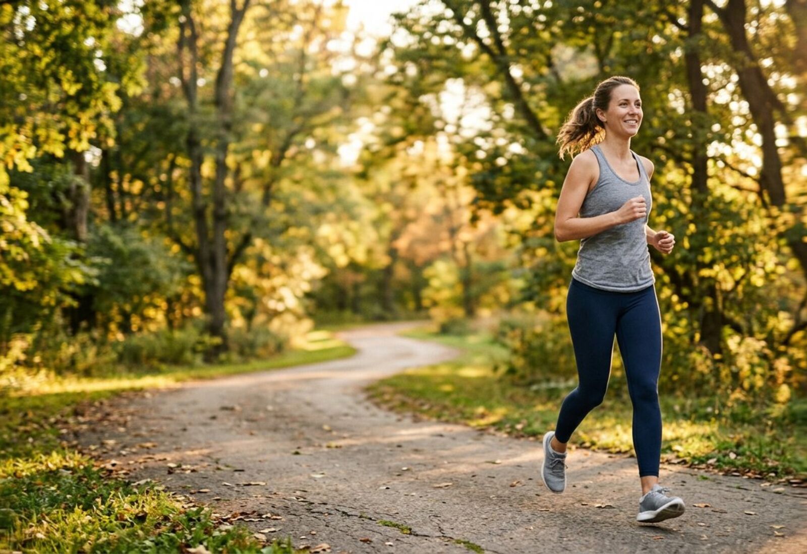 A person jogging on a sunlit tree-lined path