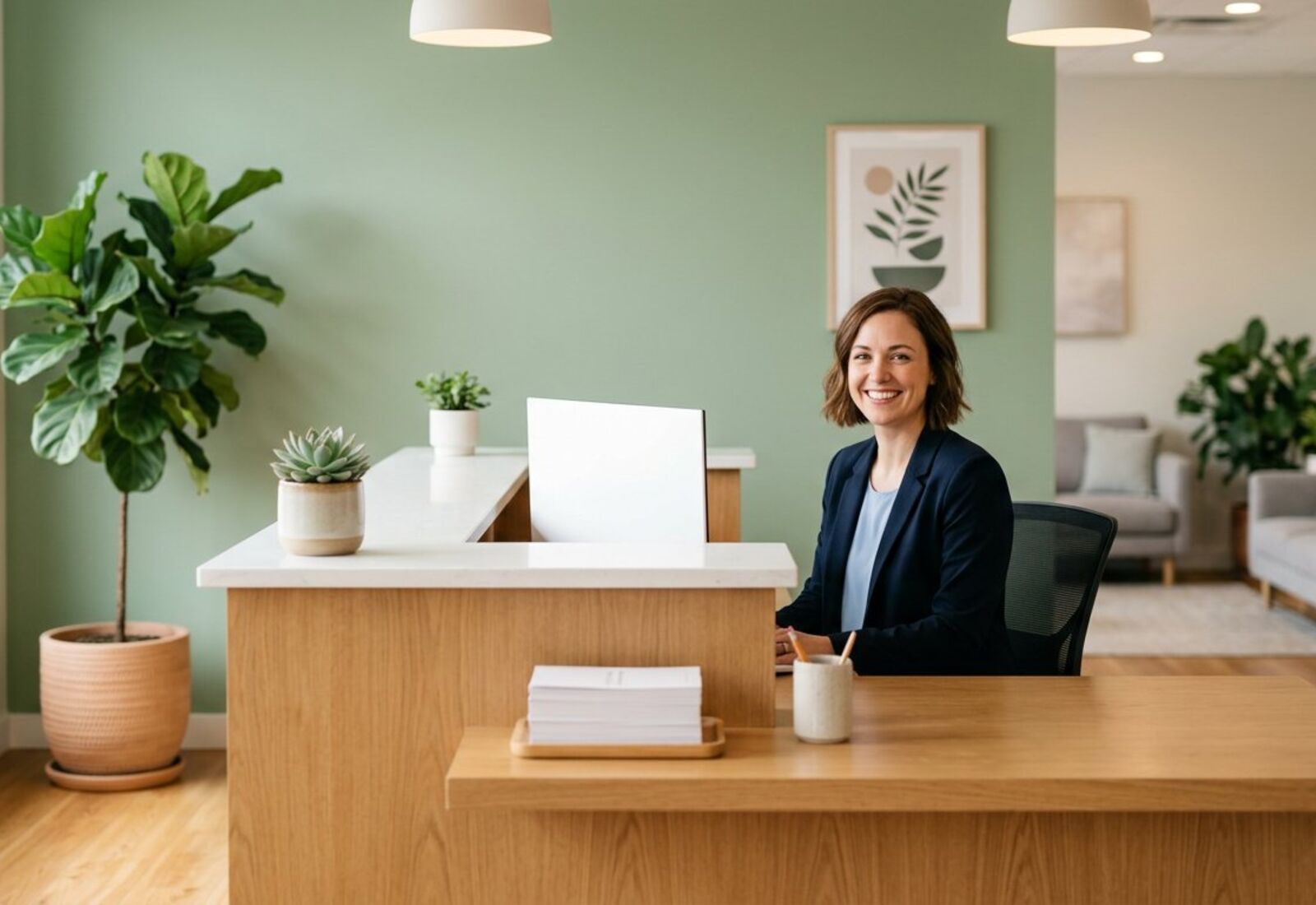 A welcoming clinic reception area with warm lighting and plants